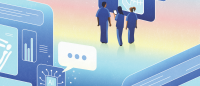 graphic illustration visualizing health care professionals integrating with AI